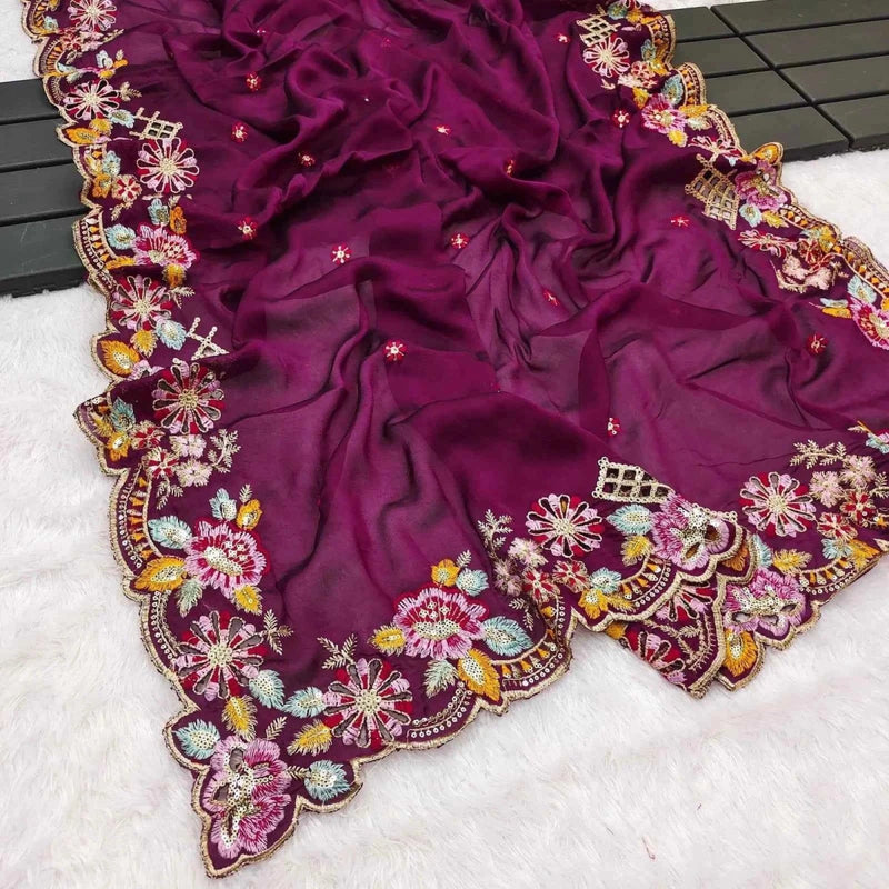 Wine purple saree border with colorful floral embroidery and beaded sequin work