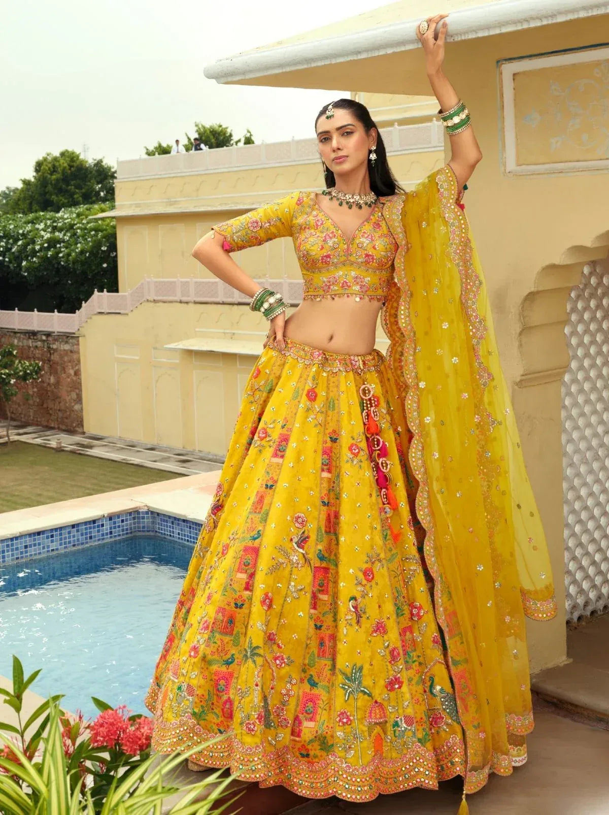 Nayoora Luxe Sunshine Yellow Floral Mirror Work Readymade Couture Lehenga - Nayoora