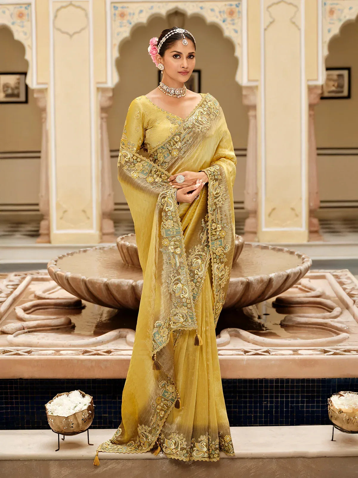 Nayoora Luxe Royal Yellow Soft Silk Khatli Handwork Saree - Nayoora