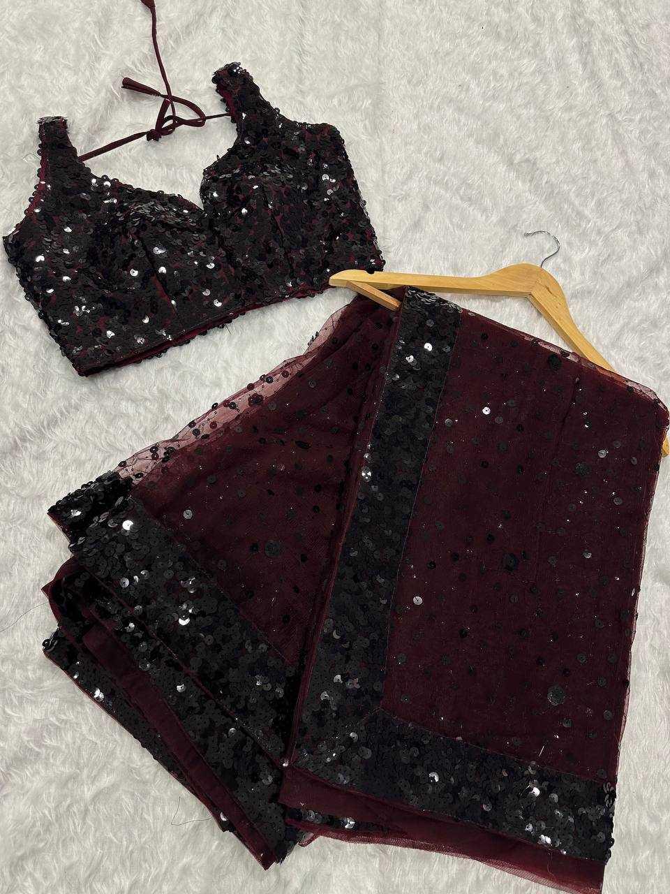 Nayoora Luxe Deep Wine Hologram Sequin Net Cocktail Saree - Nayoora