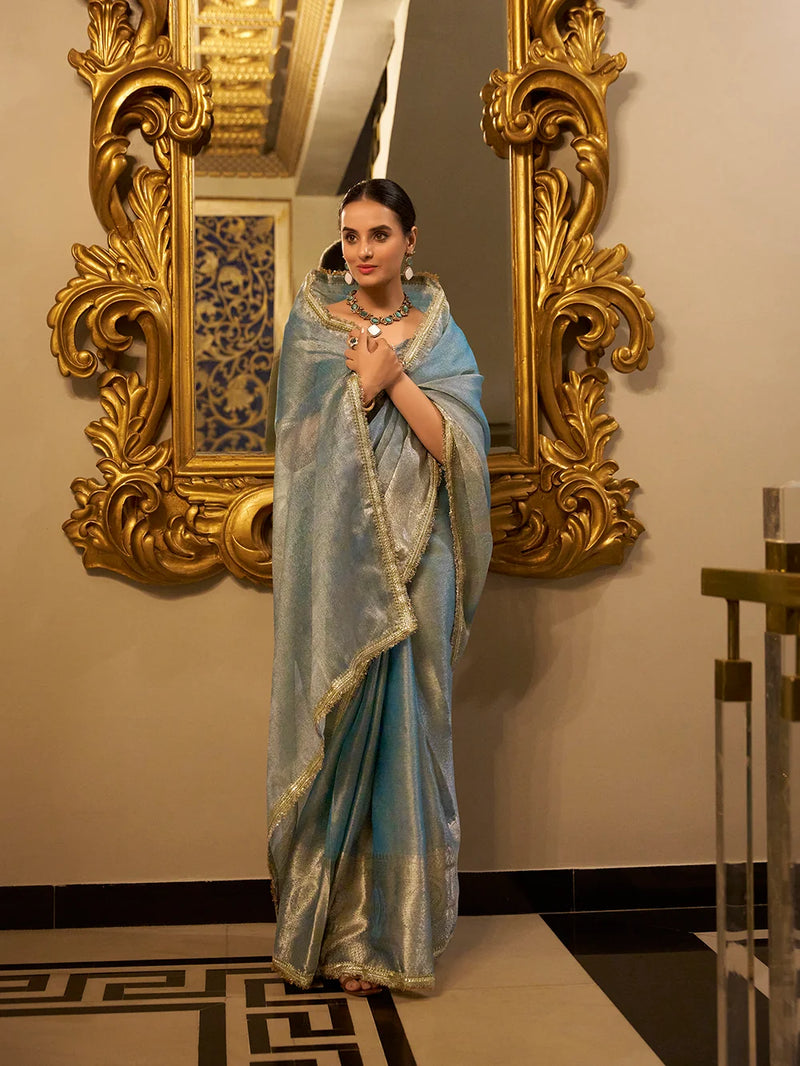 Nayoora Sky Blue Tissue Shimmer Saree with Zari Weaving & Sequins Lace Border