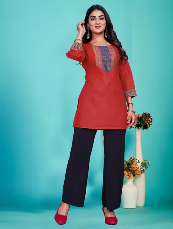 Red jacquard lace cotton tunic with blue patterned yoke and 3/4 sleeves